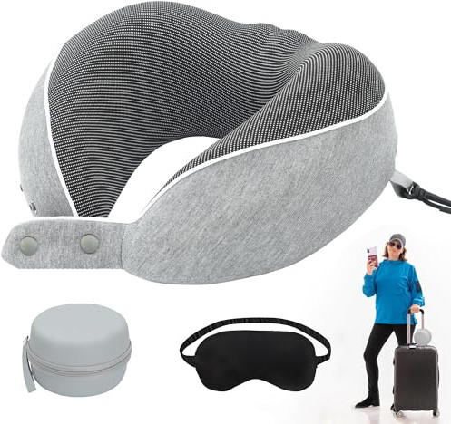 Chumix Oreiller de Voyage pour Avion, Coussin de Nuque pour Voyage,Coussin de Voyage avec Masque de Sommeil 3D et Boîte de Rangement EVA, Coussin Avion pour Avion Voiture Train Bureau(Gris Clair)