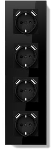 BSEEDLIFE Schuko Steckdose mit USB-A Unterputz 86 * 299mm, 16A EU Steckdose mit Glasrahmen, 2 USB Typ F mit Erdung, Einfache Installation (Klappkrallen), 4-Fach Schwarz