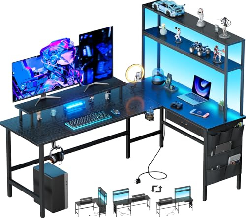 HLONONE Gaming Tisch L Form mit LED & Steckdosen, 150 x 100 cm Reversibel