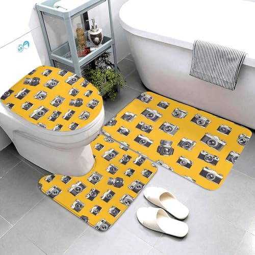 GVYGVY Juego de alfombras de baño de 3 piezas, diseño de cámara vintage, absorbente, antideslizante, lavable, cubierta de tapa de inodoro en forma de U, tapete de contorno, tapete de ducha suave para