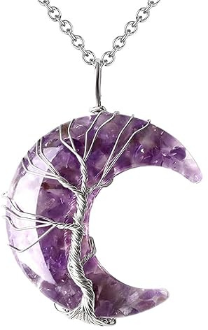 Générique Collier Pendentif Arbre De Vie Enroulé En Fil De Fer Reiki Pendentif Croissant De Lune Énergie Cristal Spirituel Bijoux Fait Main Naturel Gravier Pierre Précieuse Collier Pour Femme C