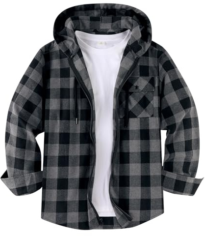 ZITY Chemise en Flanelle à Manches Longues et Capuche pour Homme Chemise de Bûcheron à Carreaux décontractée à Capuche Zippée Veste de Travail à Manches Longues M à 3XL