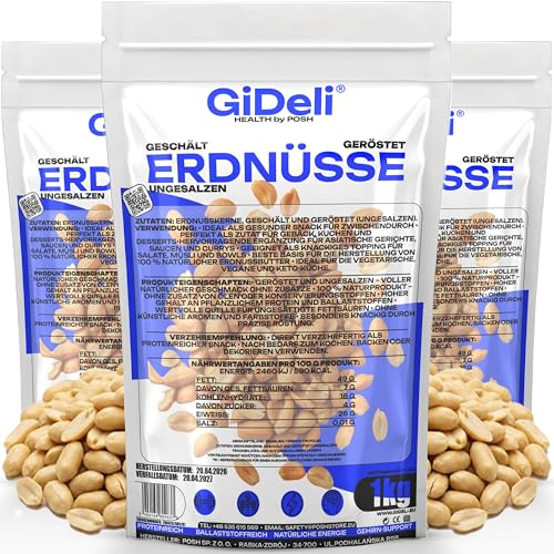 GiDeli Erdnüsse Geröstet ohne Salz und Öl 3kg - Großpackung ungesalzener naturbelassener