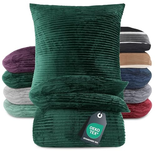 BaSaTex Winter Plüsch Bettwäsche Set | 135x200 cm Deckenbezug + 80x80 cm Kissenbezug | Cashmere-Touch Coral Fleece,Rip-Cord“ | Reißverschluss | Dunkelgrün
