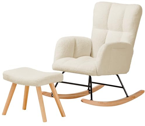 COMHOMA Schaukelstuhl, Relaxsessel mit Armlehnen, Ohrensessel aus Teddy-Plüsch Schaukelsessel, bis 150 kg belastbar, sonnenliege gartenliege für Schlafzimmer, Wohnzimmer, Stilvolles Design Beige