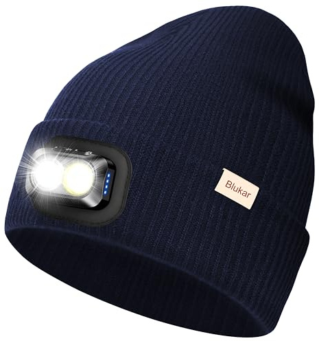 Blukar Gorro con luz LED, 2en1 Superbrillante Recargable Gorro para Correr | 5 Modos de Iluminación, Manos Libres Ángulo Ajustable Linterna Frontal, Invierno Cálido Regalos, Marina de guerra