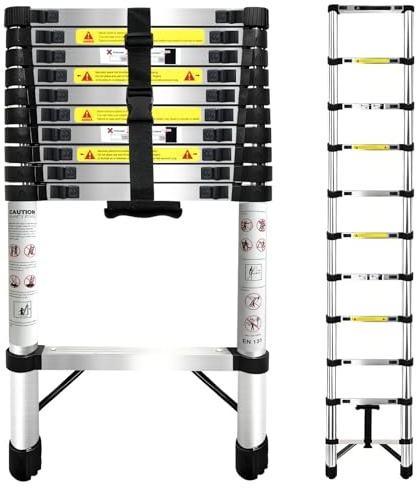 Telescopic Ladder,3.2M Stainless Steel Loft Ladder, Extension Ladder Portable Extendable Multi-Purpose Step Ladder with Non-Slip Feet Safety Lock, Max Load 150kg/330lb for Roof Ladder ladders for home