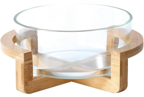 HuangguiyuanV Insalatiera in vetro con supporto in legno, ciotola trasparente resistente al calore per servire cibo, per insalate, frutta e dessert (800 ml)