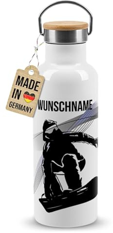 Tassendruck Personalisierte Edelstahl-Trinkflasche mit Name - Spieler Silhouette Snowboarder - Geschenke für Snowboard Fans, Wintersport, Berge, Thermosflasche Weiß, 500 ml