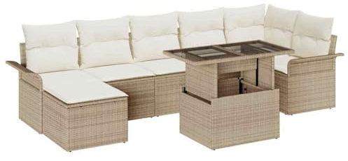 XHNIFBN Gartensofa Set 8-TLG Beige Poly-Rattan modularer Couchgarnitur mit Ablagetisch 57 cm Sitzhöhe Robust & wetterbeständig für Balkon Terrasse Garten