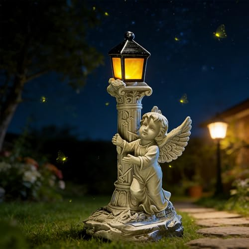 Fhlprte Römische Säule LED-Engel-Figur,Solare Römische Säule 5.12 X 3.54 X 7.67 in,Harz Grablicht Outdoor-Deko,Gartendeko Beleuchtung Gartendeko Solar,für Draußen Haus,Hof (rechts)