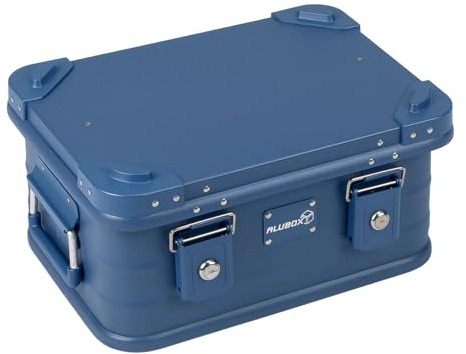 Alubox Alukiste abschließbar E18-BLUE - Premium Aluminium Werkzeugtruhe 18 Liter - Deckel mit Aluminium Druckguss Stapelecken und Gummidichtung - inklusive Schlösser - pulverbeschichtet blau