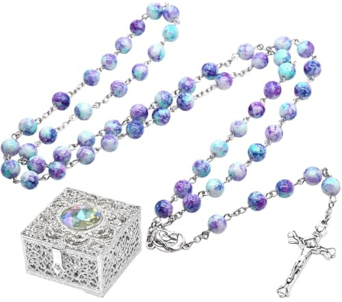 JazRvr 2 Stück Rosenkranz Set, Katholische Gebetskette Mit Geschenkbox, Für Religiöse Zeremonien Und Tägliches Gebet, Lila Perlen Mit Weißer Aufbewahrungsbox