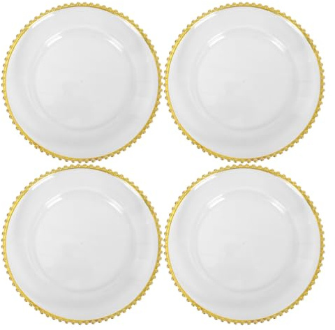 Ciieeo Set di 4 Sottopiatti Rotondi in Plastica Trasparente con Perline Dorate, Bordi senza Cuciture, Stabili, per Tavole Dessert ed Eventi Eleganti Riutilizzabile