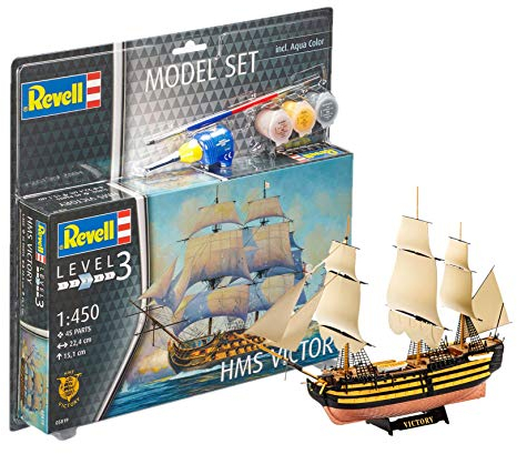 Revell Model Set 65819 HMS Victory 1:450 Scale Unbuilt/Unpainted Plastic Model Kit with Contacta Professional Glue, Paintbrush & Selected Aqua Color Paints
