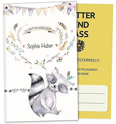 OLGS Mutter-Kind-Passhülle Österreich Boho Freunde Waschbär, schöne personalisierbare Schutzhülle, Schwangerschaft
