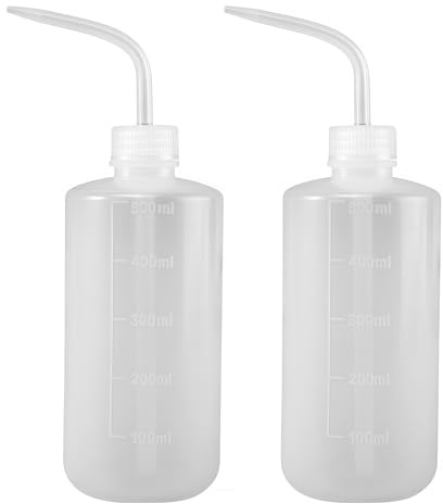 2 PCS 500ML 17.6OZ Plastic White Translucent Squeeze Wash Bottles with Graduated Measuring Container Bent Curved Tip Nozzle Condiment Sauce Storage Dispenser Gardening Lab Supplies