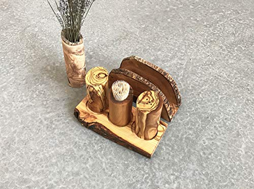 Ensemble de salle à manger en bois d'olivier, salière et paprika, support de serviette fait à la main, support pour salier-paprika, cave à sel faite à la main