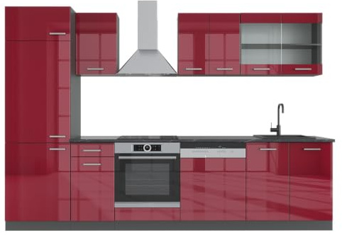 Vicco Küchenzeile R-Line, Rot Hochglanz/Anthrazit, 300 cm | 8 Module · Höhenverstellbare Füße · Ohne Arbeitsplatte · Robuste Fronten · Mit Kühlschrankumbauschrank