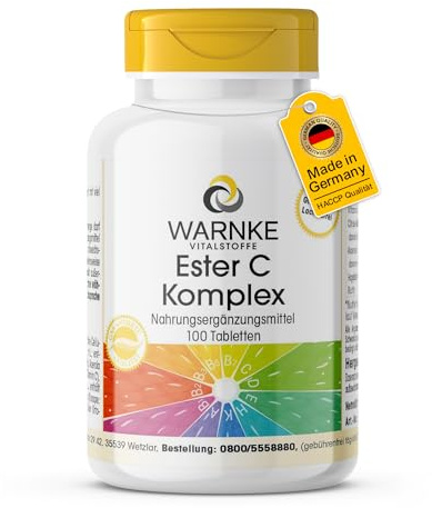 Ester C Komplex - 100 Tabletten mit Acerola, Hagebutten, Bioflavonoiden und Rutin aus eigener Herstellung - hochdosiert, vegan | Warnke Vitalstoffe - Deutsche Apothekenqualität