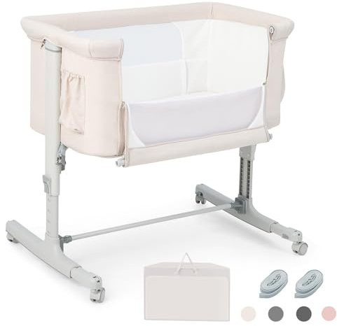 RELAX4LIFE 3 en 1 Cuna Colecho con 5 Alturas Ajustables, Ruedas Bloqueables, Colchón y Correa de Sujeción, Cuna Bebe con Bolsillo Portaobjetos y Bolsa de Transporte para Bebés 0-6 Meses (Beige)