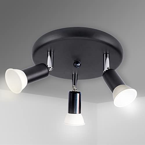 Sweier Black 3 Way Round Panel LED Ceiling Light 430LM Cool White White Round Panel Rotatable Spotlight ø 195mm incl. 3x5W GU10 LED Bulbs Spotlight for Bedroom Kitchen Living Room