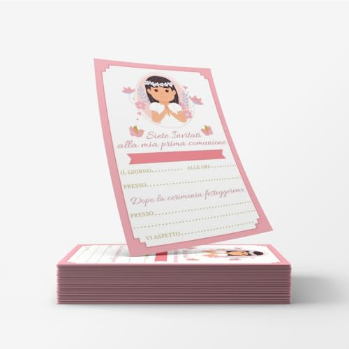 PRINTSERVIS 20 Biglietti Inviti Festa della prima Prima Comunione bimbo/bimba, Grafica a Scelta, personalizzabili con Nome, Data e Luogo (Bimba Cappelli Mori)