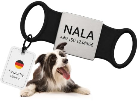 Hundemarke personalisiert für Halsband, Slider mit Gravur, Schwarz, Größe L | Edelstahlplatte in weichem Silikon sitzt angenehm und klapperfrei; passend für gängige Halsbandbreiten, Halsband nicht im Set