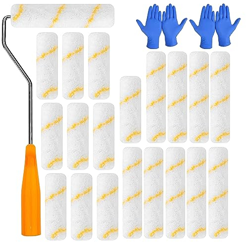 RYAN 20 Pezzi Roll Vernice Bianca Rullo per Imbiancare Verniciare con 1 Manico a Rullo e 4 Guanti Mini Pennelli da Pittura Rullo per Dipingere Muri Decorazione Architettonica
