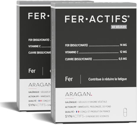ARAGAN - Synactifs Lot de 2 Feractifs - Complément Alimentaire Anti-Fatigue - Tonus et Vitalité - Fer Bisglycinate, Cuivre et Vitamine C - 120 gélules - 4 mois de prise - Fabriqué en France