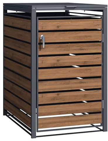 Wiltec Mülltonnenbox für eine Tonne in Holzoptik, abschließbare Mülltonnenverkleidung mit Klappdeckel, Mülltonnenzaun, Sichtschutzzaun