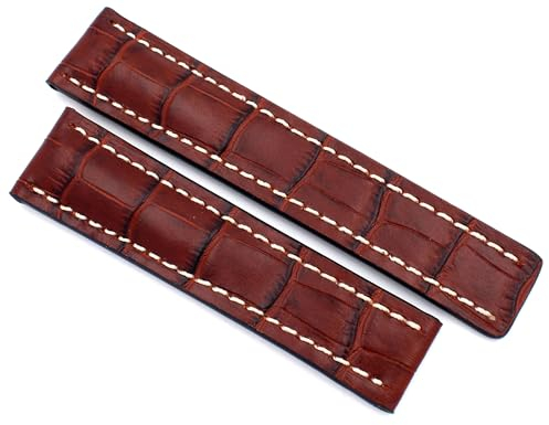 Sulla 22mm Alligatorprägung Uhrenband handgemacht in Deutschland kompatibel mit Breitling Faltschließe dunkel Mahagoni Weiße Naht