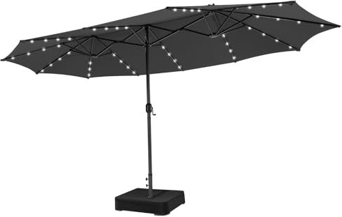 COSTWAY 4.5m Double-Sided Parasol with Base, Solar LED Lights and Crank Handle, Outdoor Extra Large Sun Umbrella, Twin Market Sunshade Shelter Canopy for Garden Patio Beach Yard (Grey)