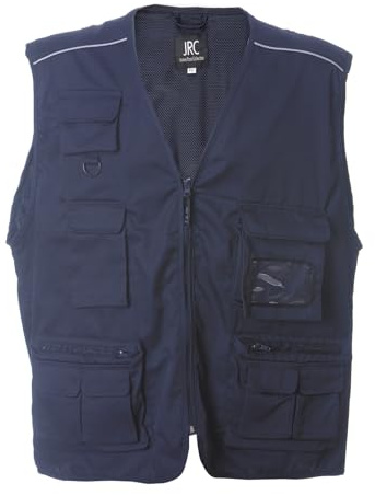 Siry Work Gilet senza maniche uomo multitasche, in cotone e poliestere, pesca, logistica, con tasca portabadge a scomparsa e profili rifrangenti, JRC Art. New Safari