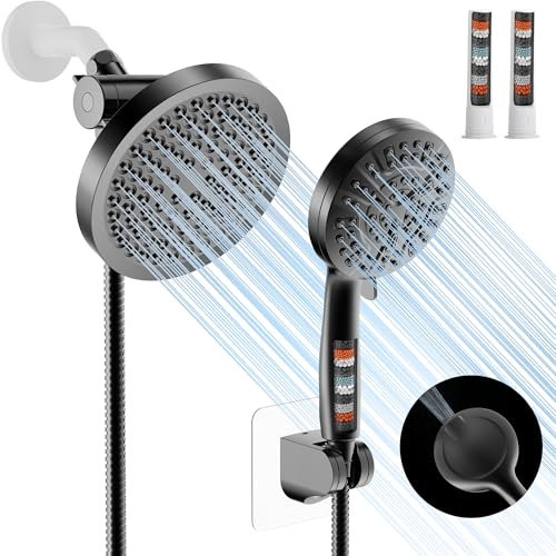 UltrTxenova Filtered Shower Head with Handheld Spray Combo,High Pressure Rain Shower Heads,Double Dual Shower Head 10 Spray Modes,Detachable Showerhead 78 Inch Hose,Black