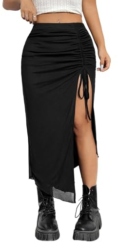GORGLITTER Damen Rock mit Schlitz Figurbetonter Sommerrock Mesh Midirock Enger Rock Lang Freizeitrock Röcke mit Kordelzug Schwarz L