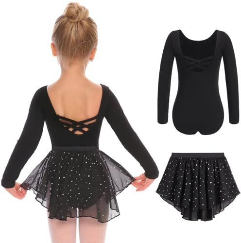 Arshiner Ballettkleidung Mädchen Langzarm Rückenfrei Ballettanzug Kinder Ballettkleid Balletttrikot Baumwolle Tanzkleid Tanzbody mit Irregulär Chiffon Rock Tütü Schwarz 150 7-8 Jahre