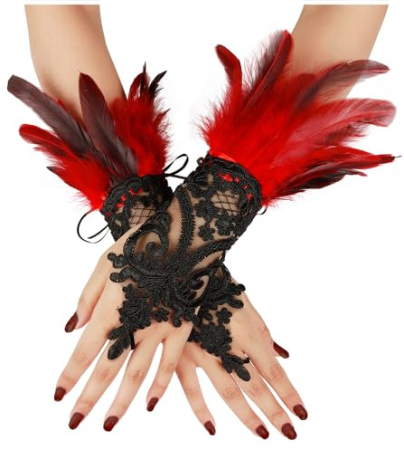 keland Damen Schwarz Feder Spitze Fingerlose Lange Handschuhe für Hochzeit Halloween Maleficent Kostüm
