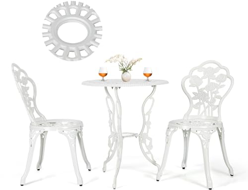 KOMFOTTEU 3 teiliges Gartenmöbel Set, Gartentisch mit 2 Gartenstühle, wetterfestes Bistroset aus Aluminium, Sitzgarnitur mit Rosenmuster für Balkon Garten Terrasse (Weiß)