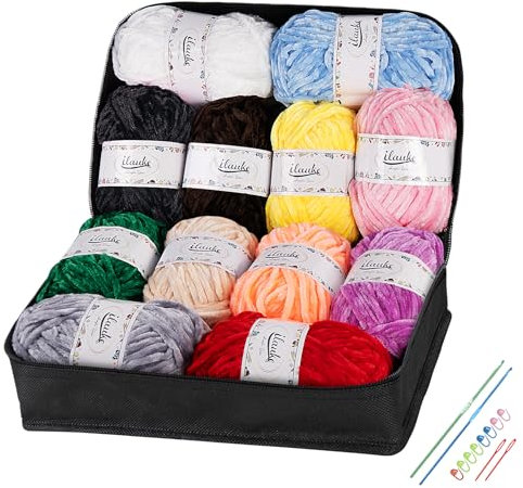 ilauke 12x50g (12x70m) Chenille Häkelgarn, Samt Chenille Woll zum Häkeln und Stricken mit Nadeln mit Häkelzubehör und Handtasche, Babywolle zum Stricken Weich für Amigurumi Stricken, DIY Häkelwolle