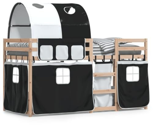 qohoio Etagenbett mit Vorhängen Weiß & Schwarz 90x190 cm Kinder Etagenbett Kinderbett Doppelbett Kinderhochbetten Bett Kiefernholz - 3284027