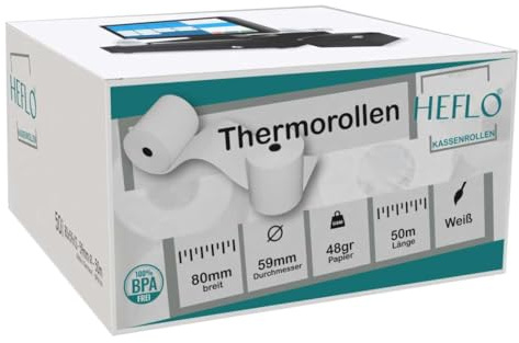 50 x Thermorollen 80 mm x 50 m, Ø 59 mm x 50 m lang, 12 mm Kern, 48 g Thermopapier BPA frei mit Endmarkierung, z. B. für Quorion QTouch 10T, QTouch 8, Epson TM-T88, Star TSP Serie