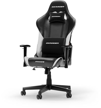 DXRacer Prince P132 Gaming Stuhl Schwarz-Weiß – Ergonomischer Schreibtischstuhl mit PVC-Oberfläche, Verstellbarer Bürostuhl für E-Sports & Home Office, PC Drehstuhl inkl. Kisse