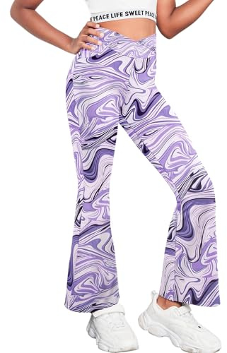 Arshiner Flared Leggings för flickor, utsvängda leggings, utsvängda byxor, barn hög midja, , sportbyxor för yoga, dans, löpning, pläd, sport, utsvängda byxor för flickor 5–14 år, Lila marmor, 13