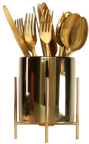 LOUIE SILNA Besteckhalter Aus Keramik, Löffelhalter Mit Metallrahmen, Goldener Küchenutensilienhalter, Geeignet Für Zuhause, Küchenarbeitsplatte, Party, Abendessen und Restaurant
