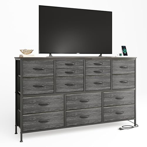 CAIYUN Chest of Drawers Bedroom, Contains 2 AC Ports & 2 USB, Bedroom Cabinet, 16 Storage Fabric Drawers Dresser for Bedroom, TV Stand Dresser with Steel Frame and Wood Top, Black Wooden Veins