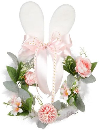 Belupai Osterkranz für die Haustür, 25,4 cm, Osterhasen-Kranz, Rosa Blume, Frühling, Niedlicher Plüsch-Hasen-Ohrkranz mit Grünen Blättern und Schleife, Hängendes
