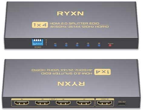 HDMI Splitter 4K 1 in 4 Output 60Hz, 1x4 HDMI 2.0 Splitter Supports 4K@60Hz 4:4:4, 2K@144Hz/120Hz, HDCP 2.3, EDID, for PS5/PS4, Xbox, Apple TV, Fire Stick, Blu-ray Player