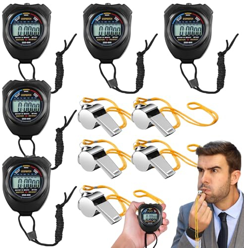 5 Cronometri digitali impermeabili con 5 fischietti in acciaio inox, grande schermo, cronografo per allenatore, fitness, corsa (nero)