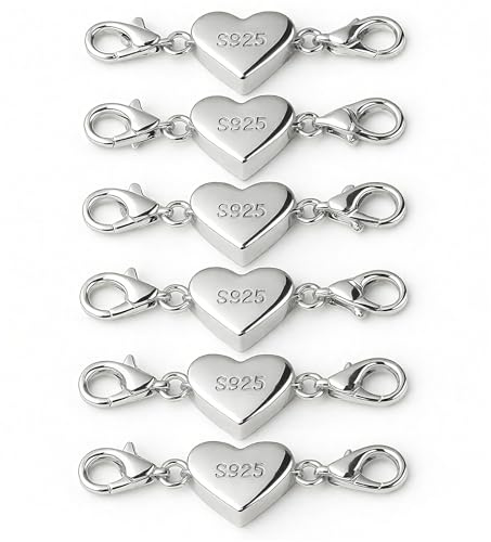 6 Stück Herz Magnetverschluss Kette 925 Sterling Silber Armband Verschluss Magnetverschluss für Ketten Halskette, Silberfarbener Verbindungsverschluss für Schmuckherstellung